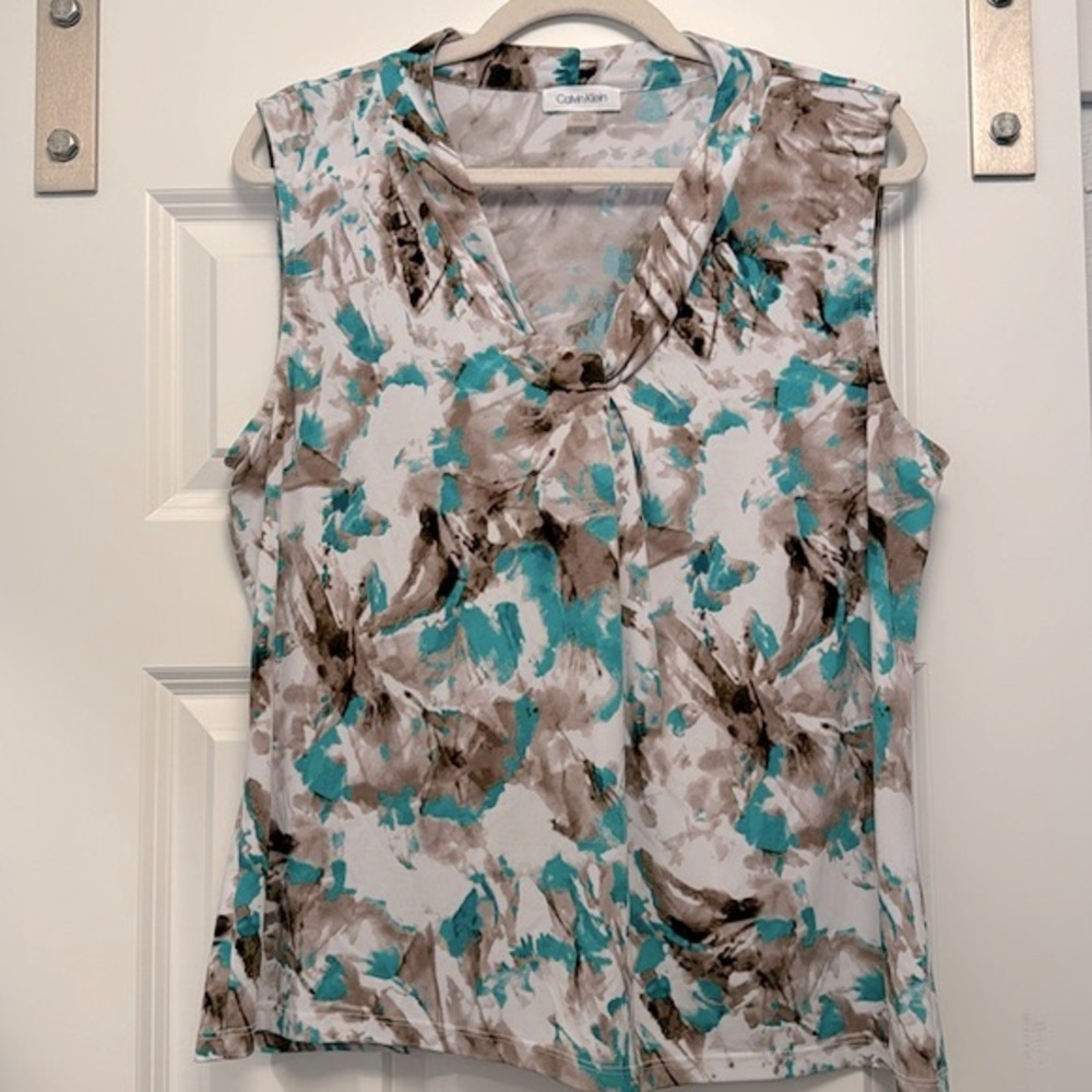 XL Teal/Brown/White Calvin Klein Twist-Collar Sleeveless Shell Tank
